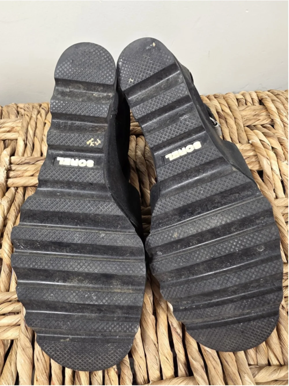 Sorel Joanie II Wedge Sandals Black Leather Ankle Strap Zip Womens US 7.5